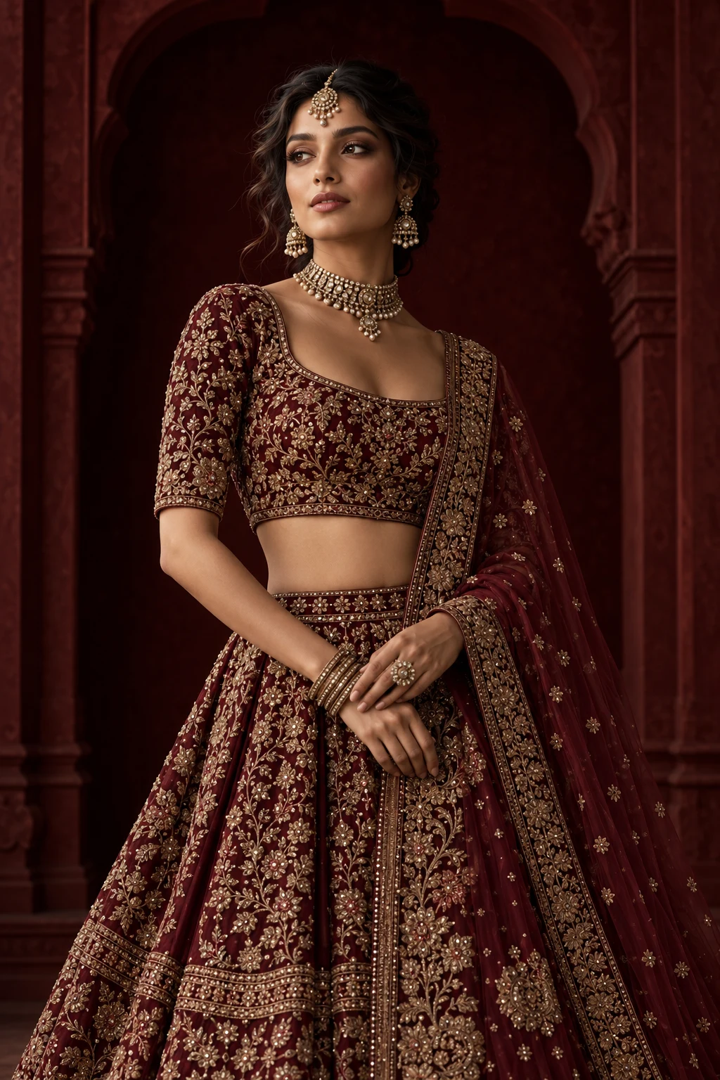 Editorial concept: Indian model in a burgundy and antique-gold lehenga