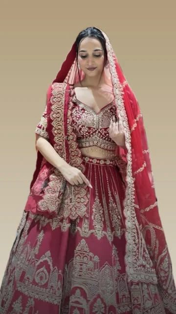 Bindni model in a red embroidered bridal lehenga
